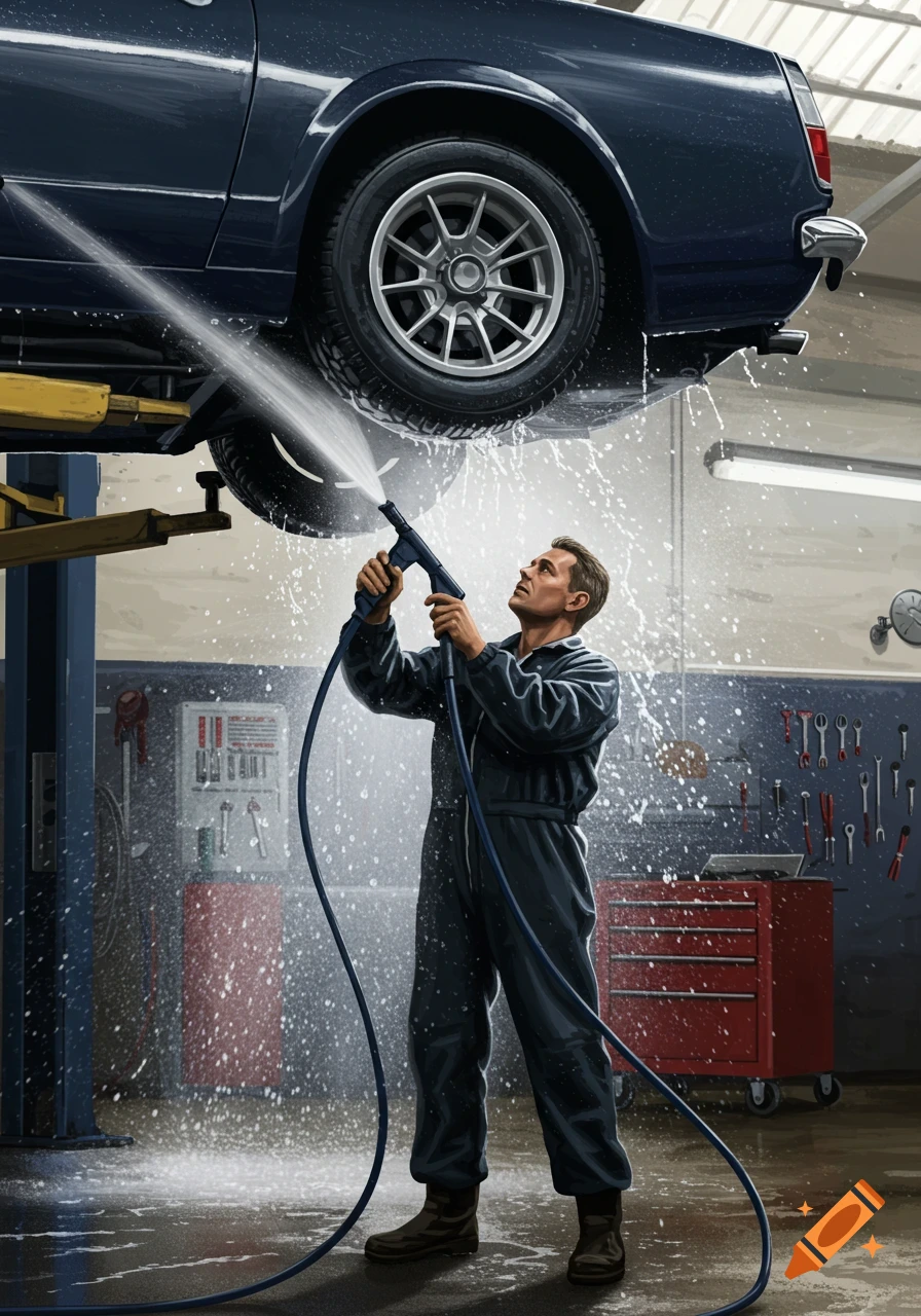 Man in a garage washing under a dark blue car with a high pressure hose. Digital painting.
