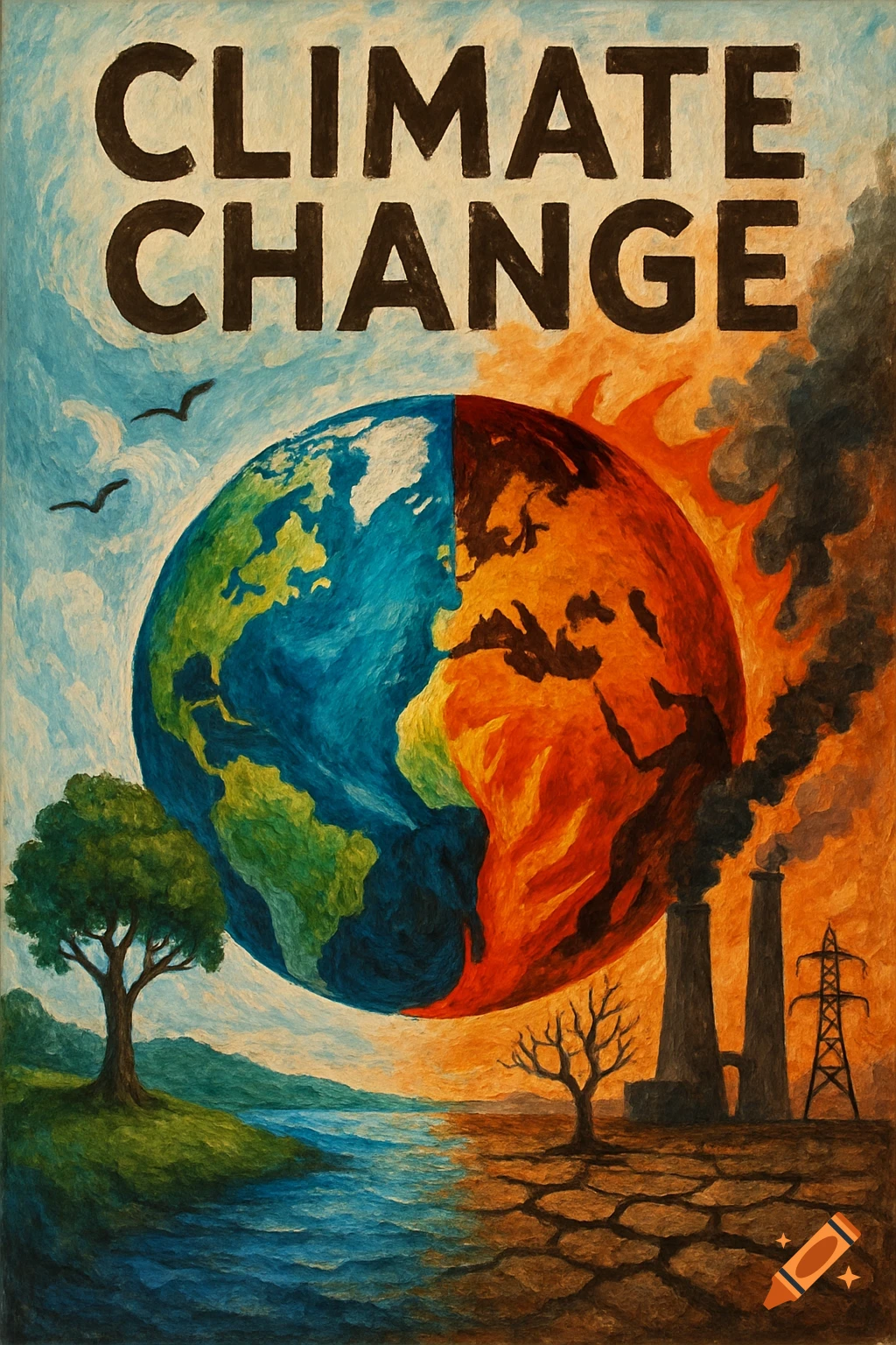 Poster illustration depicting Earth split between healthy green side and burning barren side with text 'CLIMATE CHANGE'.
