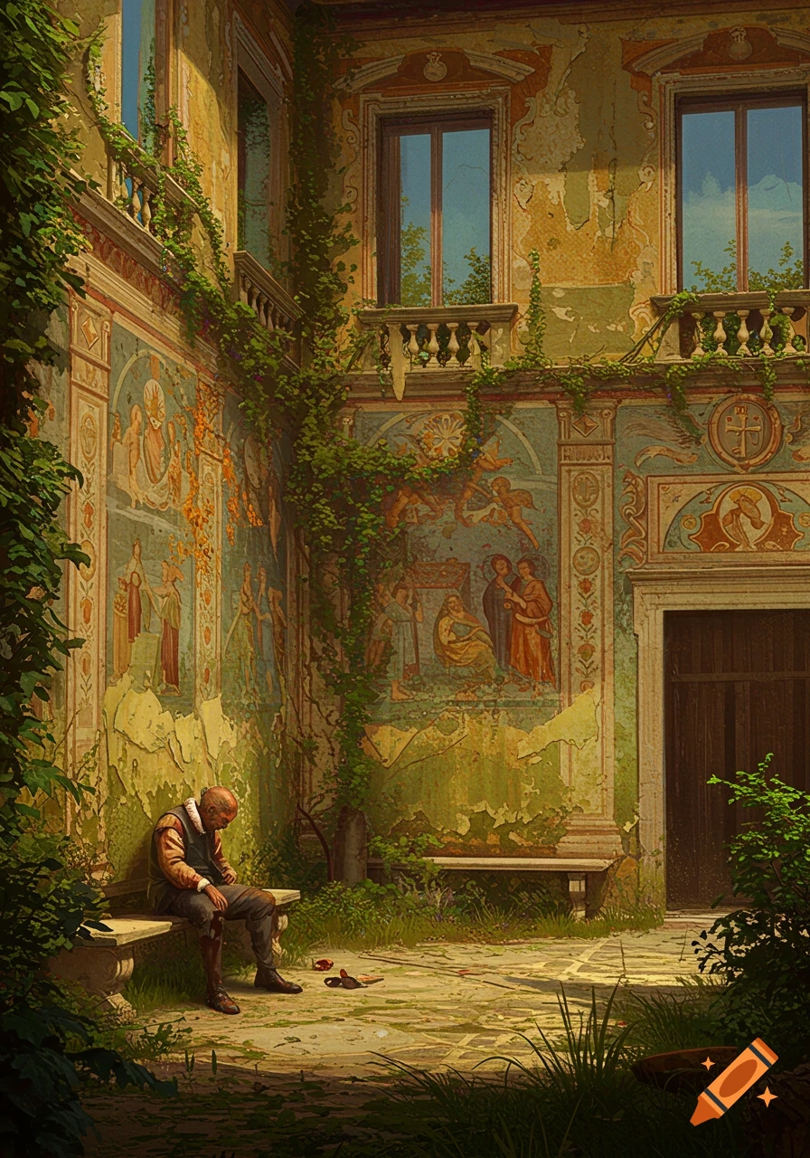 Person sits on a bench in a sunlit, crumbling courtyard overgrown with vines, featuring faded murals on the walls. Detailed illustration.