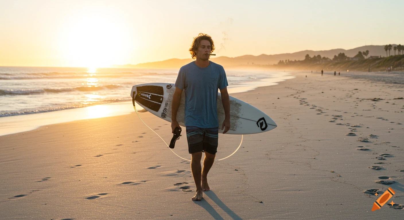 Photorealistic image of a man carrying a surfboard on a beach at sunset, smoking.