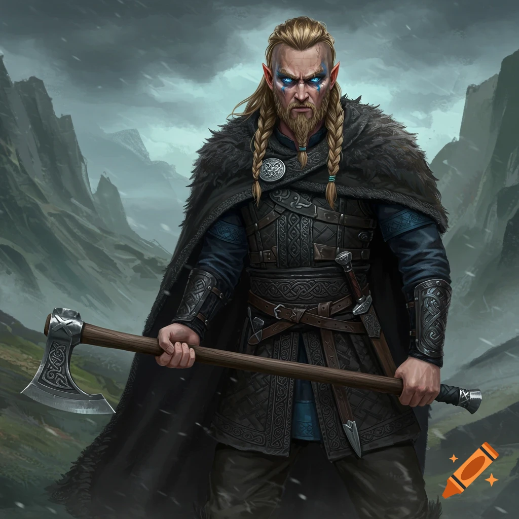 Fantasy illustration of a viking elf holding an axe in a snowy mountain ...