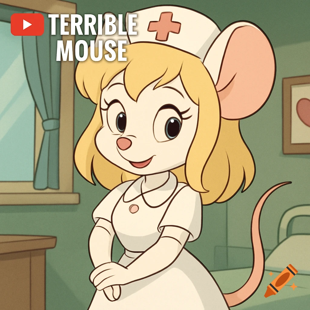 Cartoon mouse girl dressed as a nurse standing in a room.