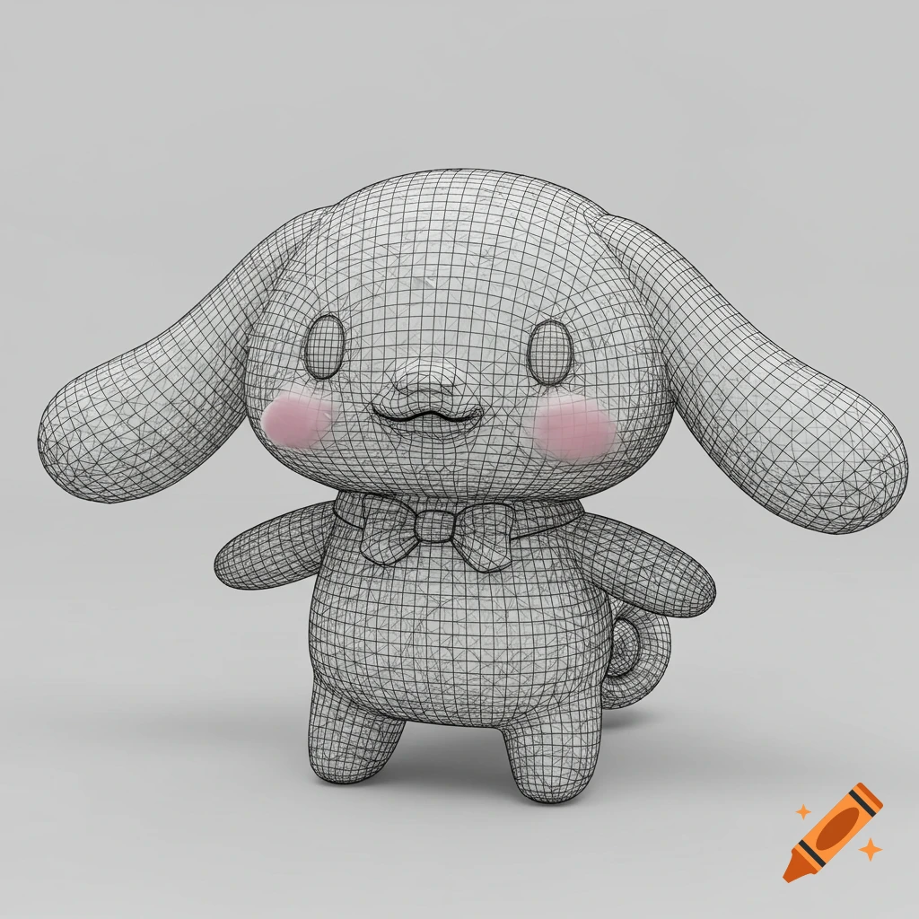 3D wireframe model of a white cartoon dog character with pink cheeks and a bow tie.
