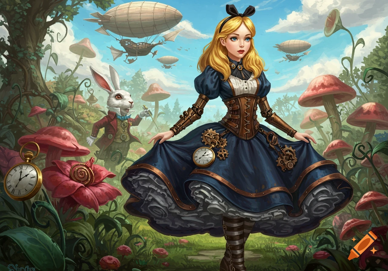Steampunk Alice and the White Rabbit in a fantasy land with giant mushrooms and airships.