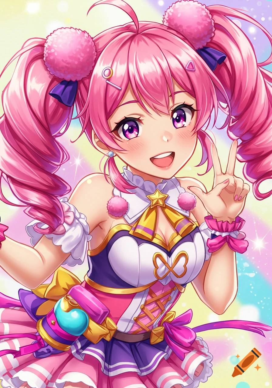 Anime girl with pink hair in colorful idol costume