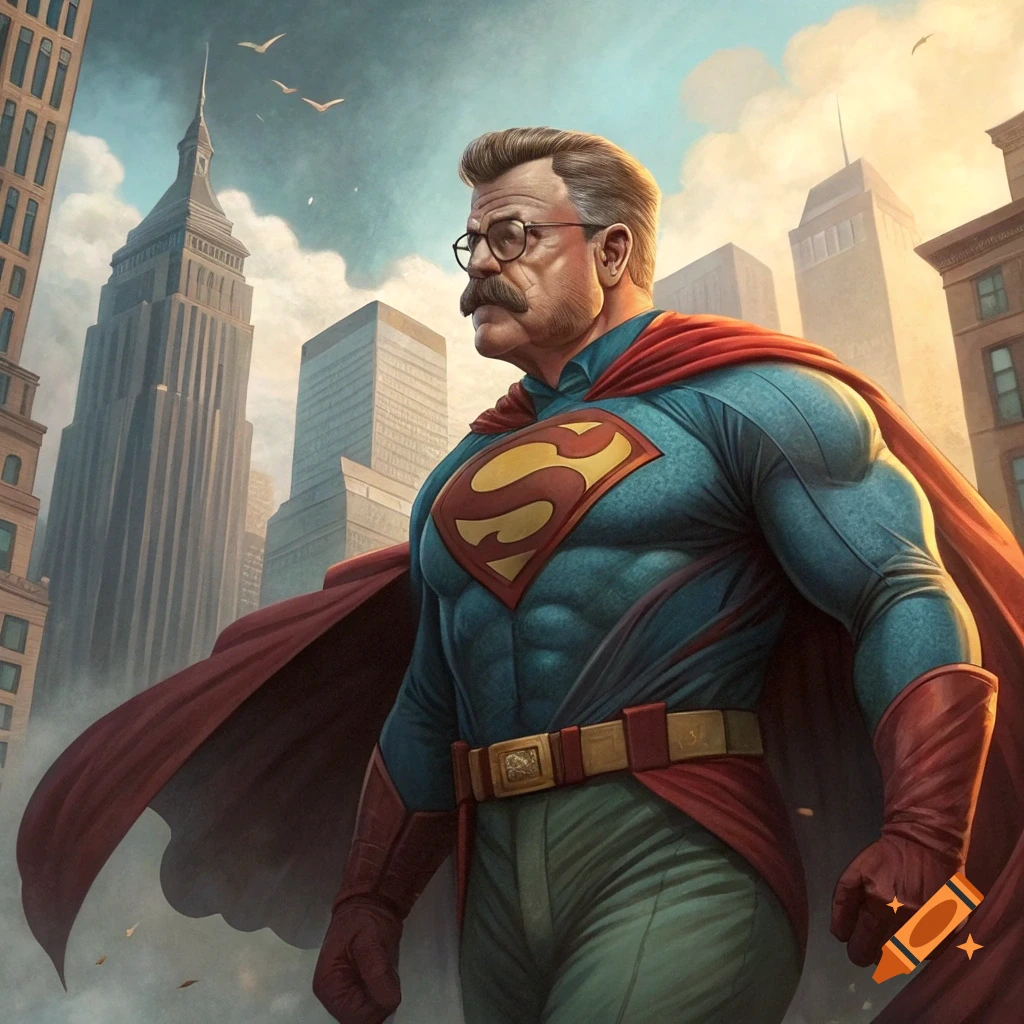 Theodore Roosevelt dressed as Superman stands in a city landscape.