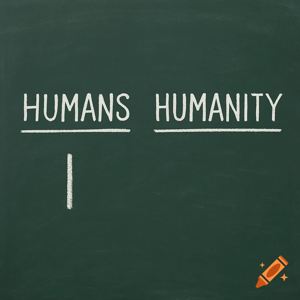 Chalkboard with 'HUMANS' above a tally mark and 'HUMANITY' written in chalk.