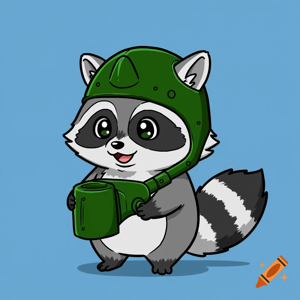 A cartoon raccoon wearing a green helmet and holding a green object.