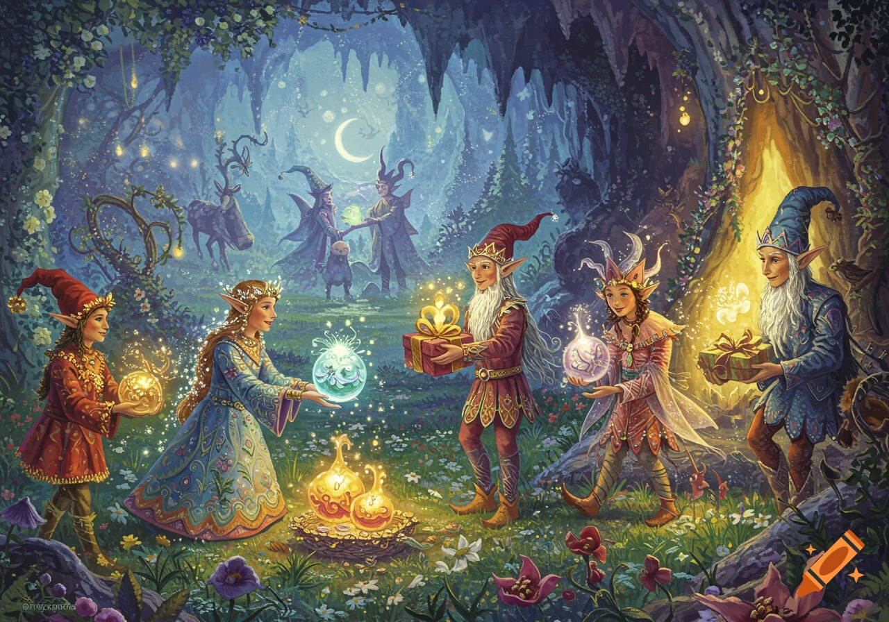 Painterly scene of elves or fairies exchanging glowing gifts in a magical forest cave with moonlight.