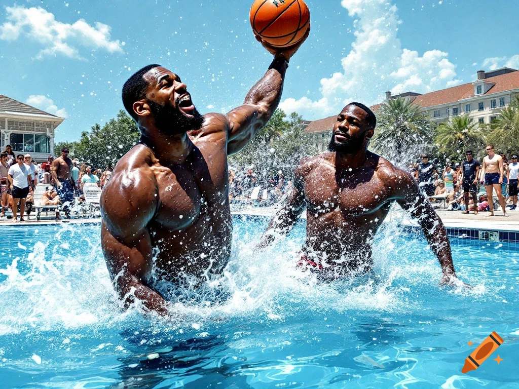 Muscular men playing basketball in a pool on a sunny day with onlookers
