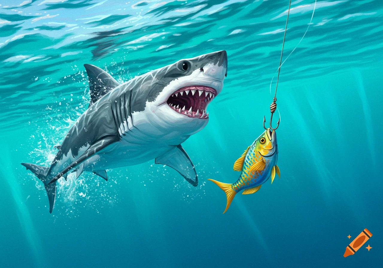 An illustration of a shark swimming towards a fish on a fishing hook underwater.