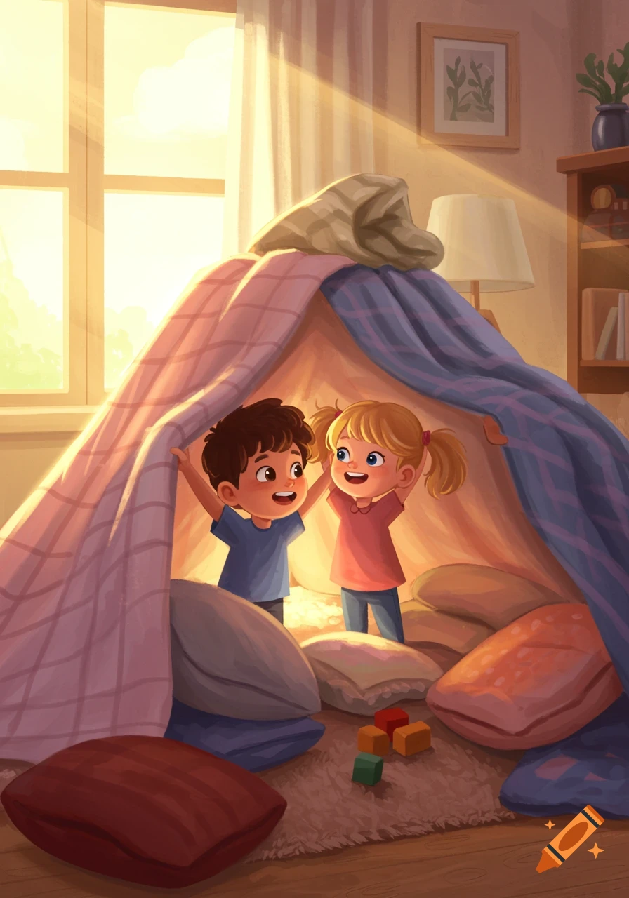 Illustration of a boy and girl smiling inside a cozy blanket fort in a sunny room.
