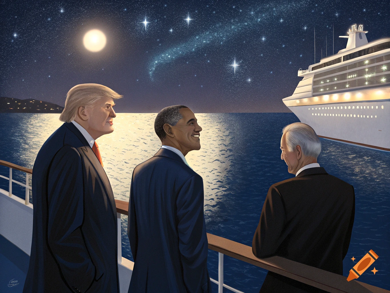 Three men resembling Donald Trump, Barack Obama, and Joe Biden stand on a cruise ship deck at night looking at the starry sky and a cruise ship.