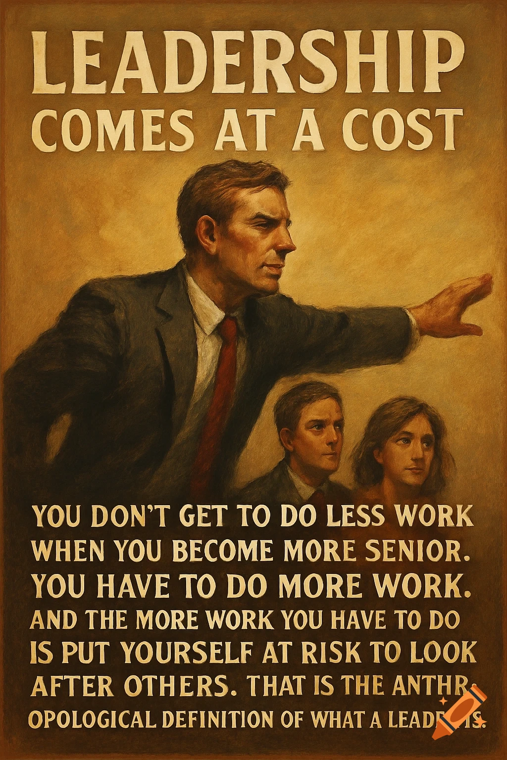 Motivational poster illustration of a man pointing with two people behind him and quote about leadership.