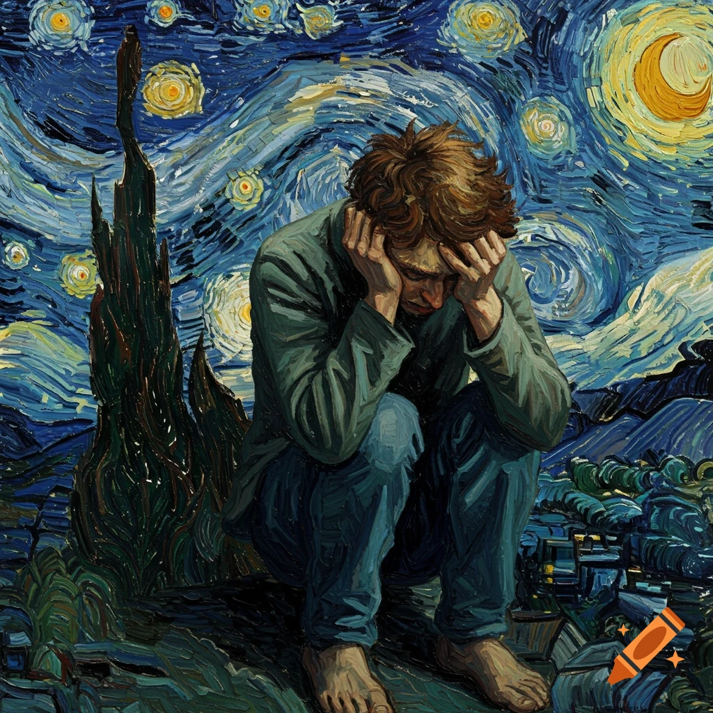 Person crouching in distress under a swirling starry sky, in the style of Van Gogh.