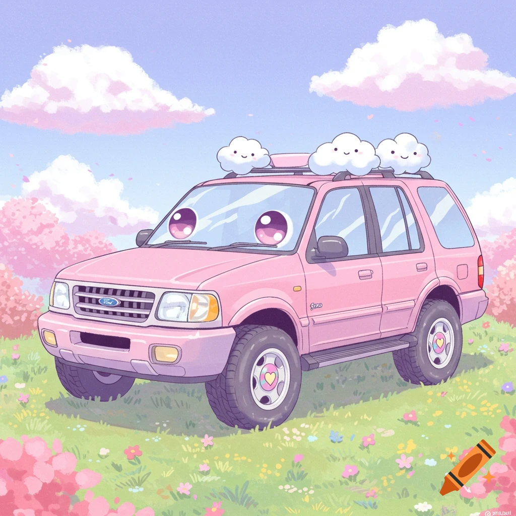 Kawaii pink Ford SUV with big eyes and cloud decorations in a flower field with cherry blossoms under a pastel sky.