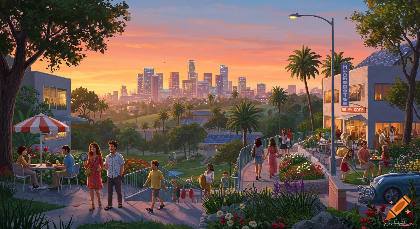 Digital painting of Los Angeles skyline at sunset with happy people enjoying the view from a hillside
