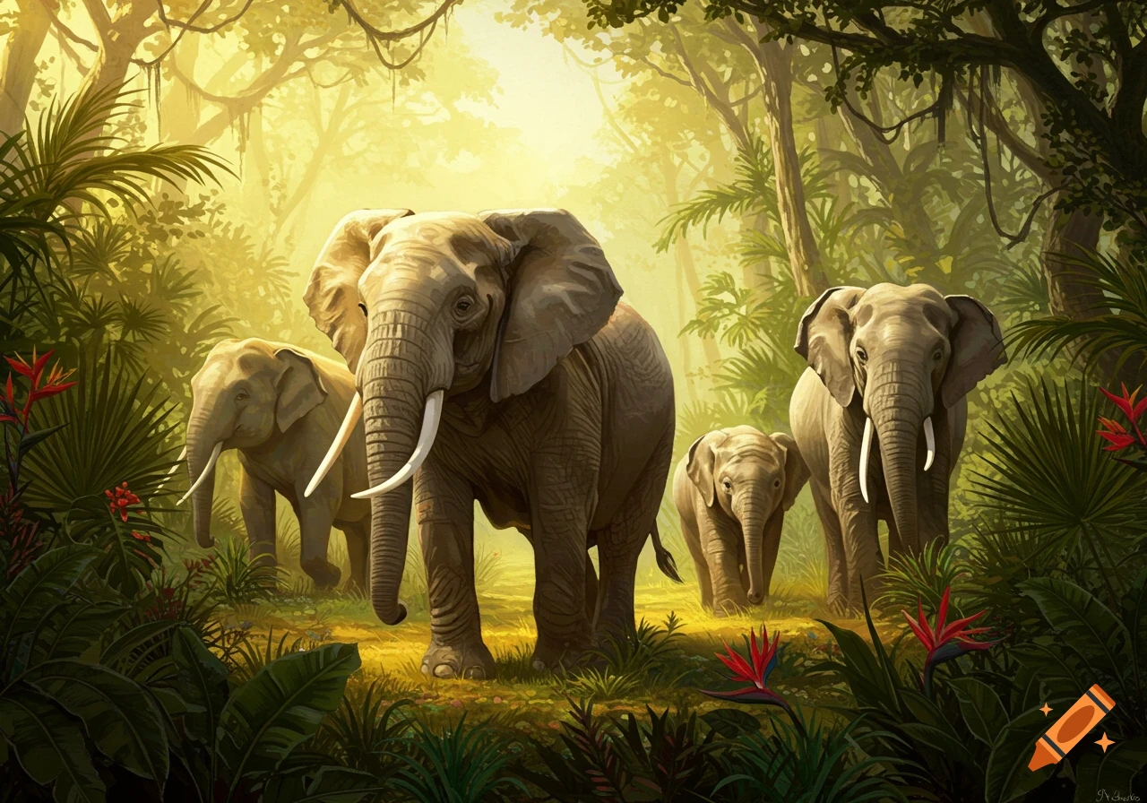 Elephants walk through a lush, sunlit jungle in a digital painting.