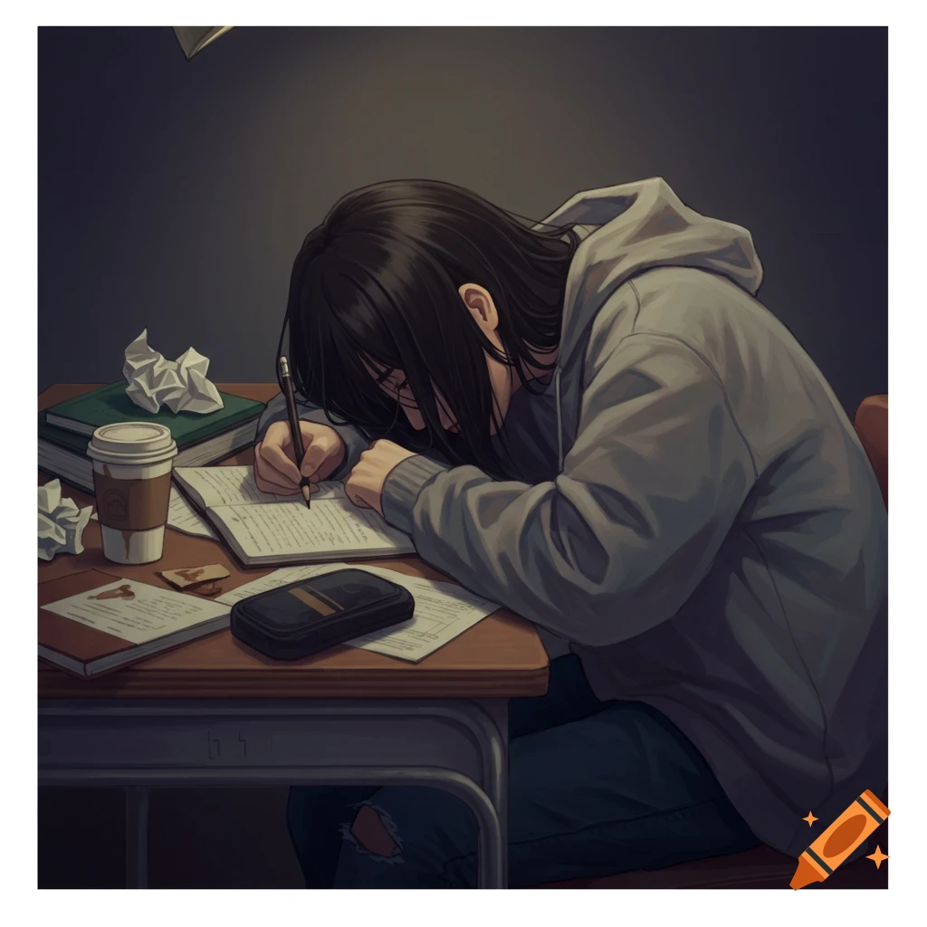 Anime illustration of a tired student writing at a desk with books and coffee.