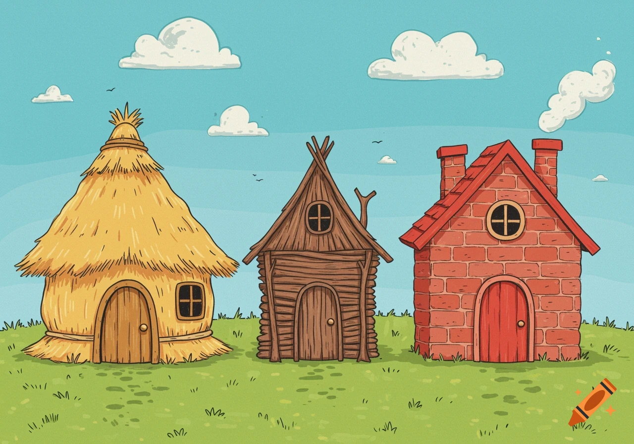 Three houses side-by-side: one straw, one wood, and one brick house in a field, illustrated in a children's book style.