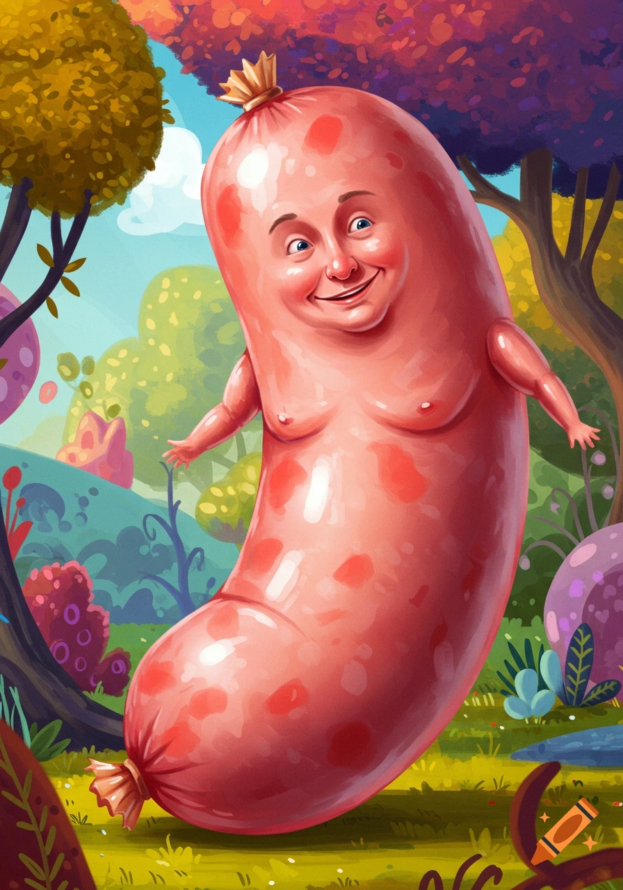 A smiling sausage with a human face, arms, and torso stands in a vibrant, colorful forest.