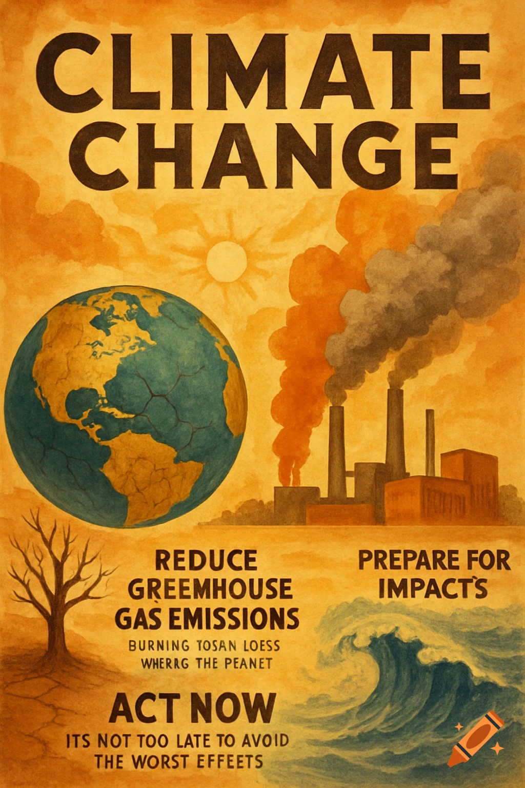 A climate change poster shows a cracked Earth, smoking factories, a dead tree, and a large wave under text about reducing emissions and acting now.