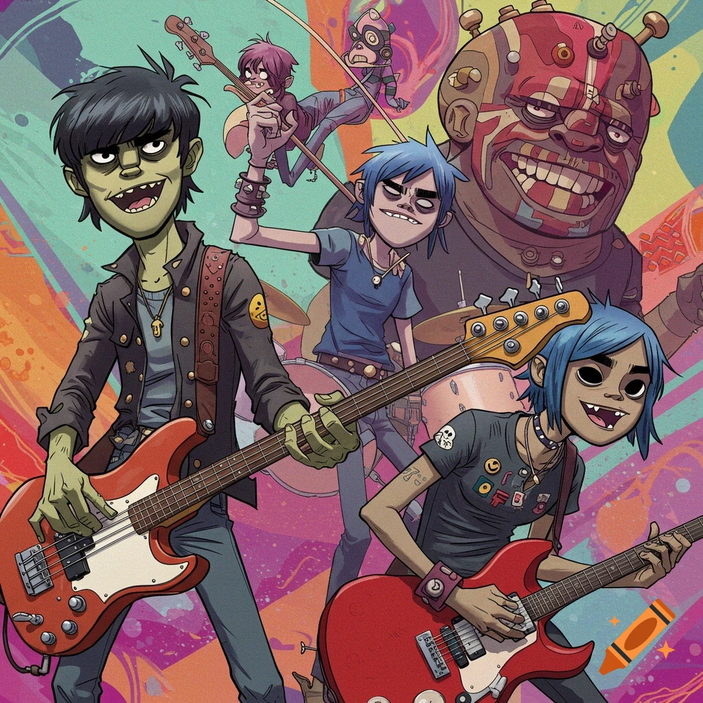 Four cartoon band members playing instruments against a colorful background.