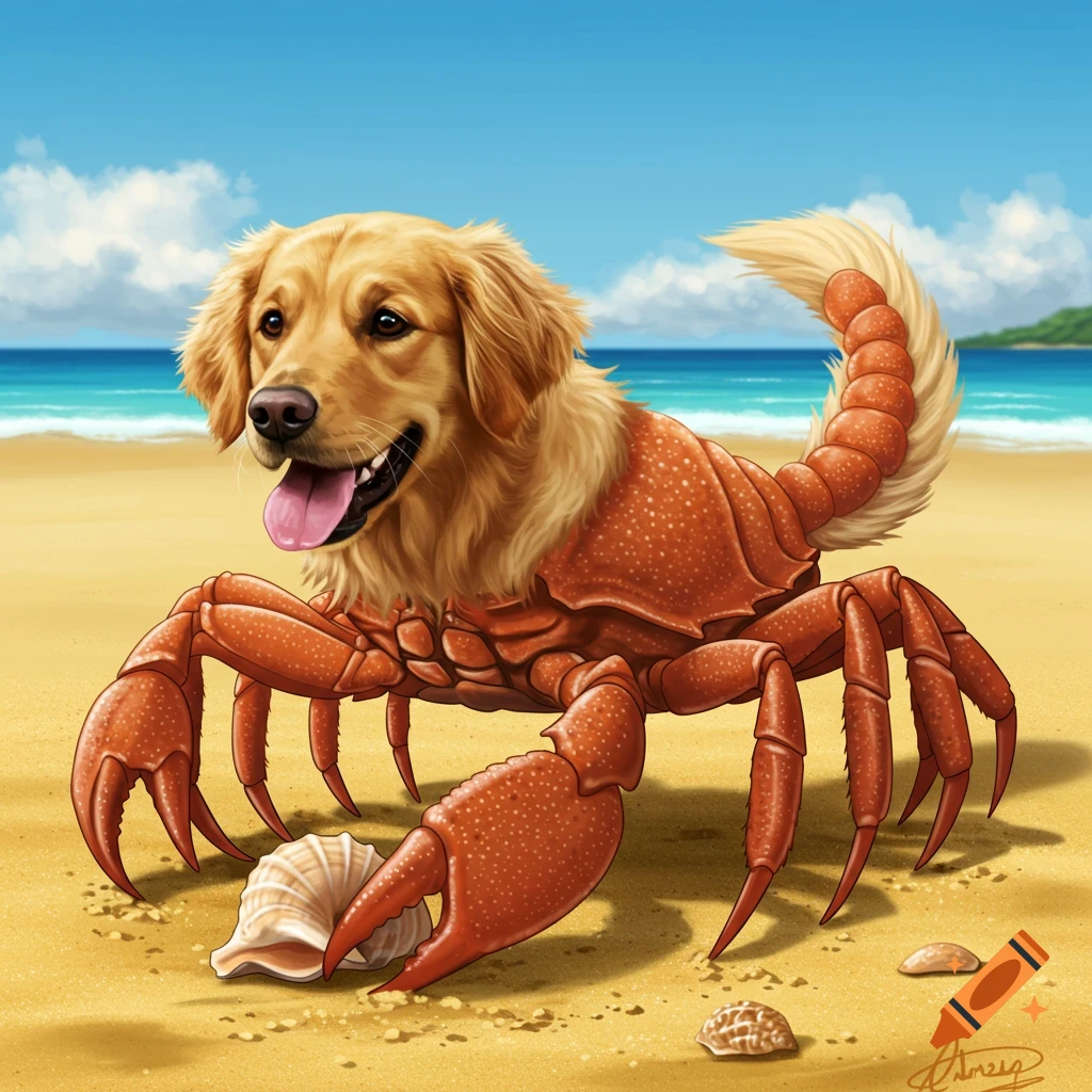 A fantasy creature hybrid of a dog and a crab stands on a beach near a seashell.
