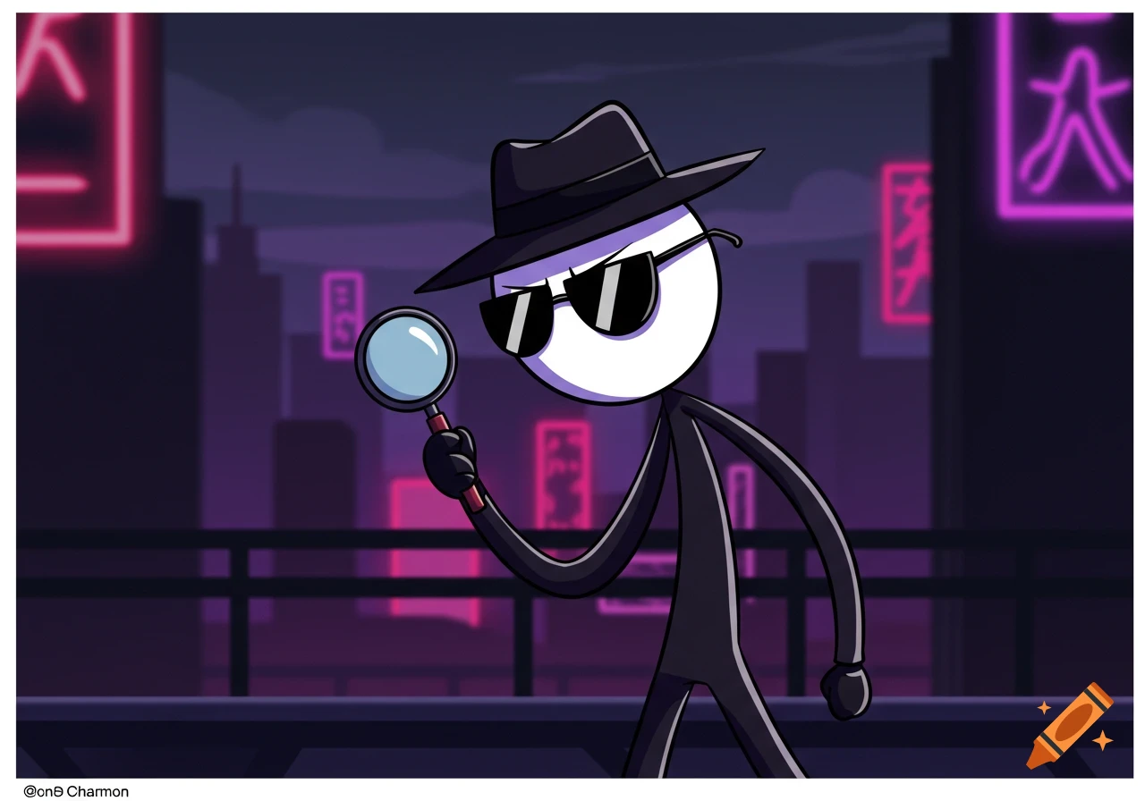 Cartoon stickman spy with sunglasses and hat, holding a magnifying glass overlooking a neon city at night.