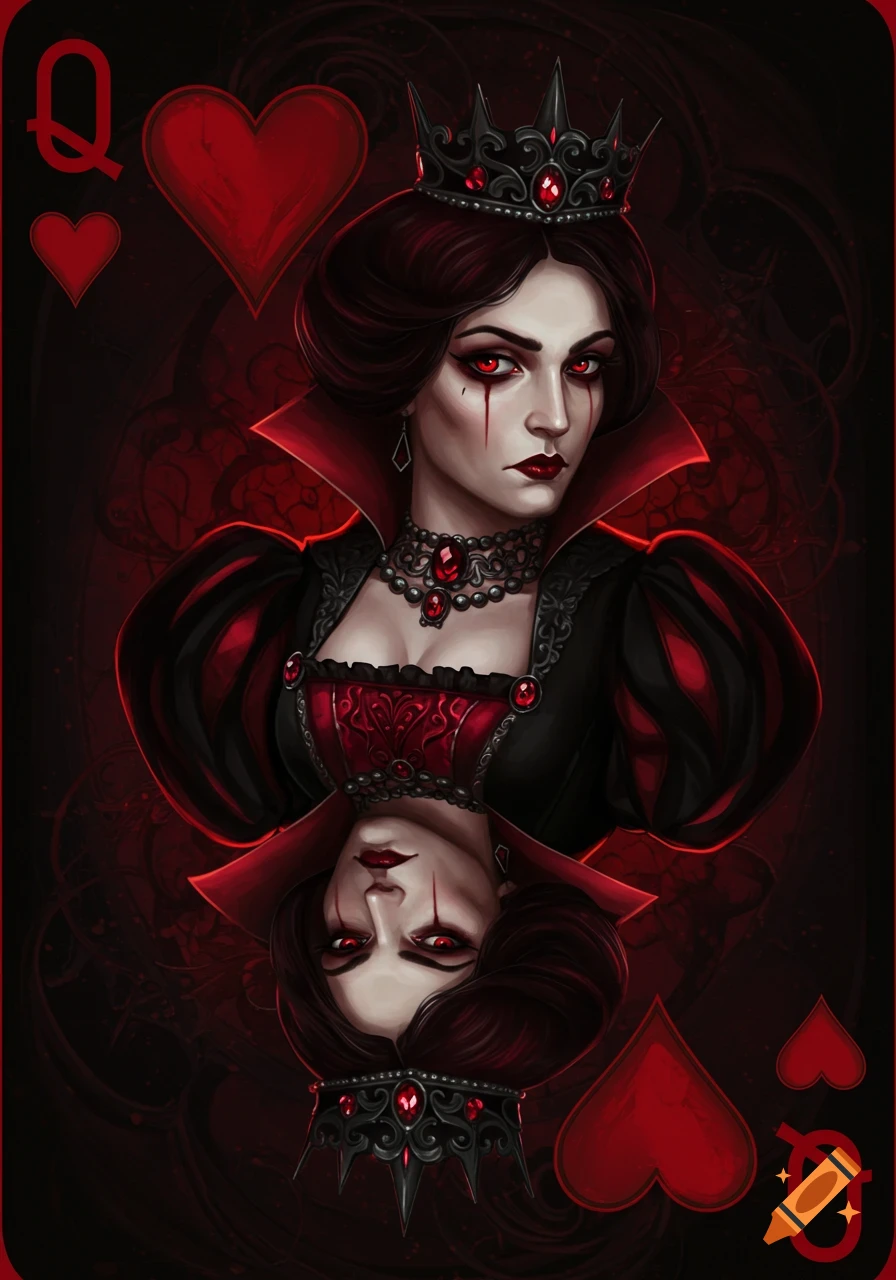 Dark gothic Queen of Hearts playing card illustration.