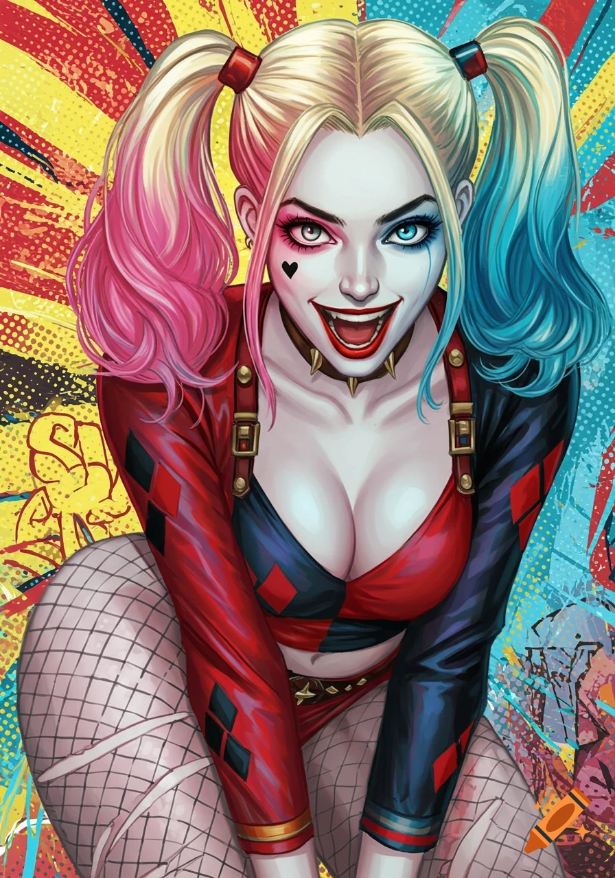 Illustration of Harley Quinn in classic costume with pigtails against a colorful pop art background.