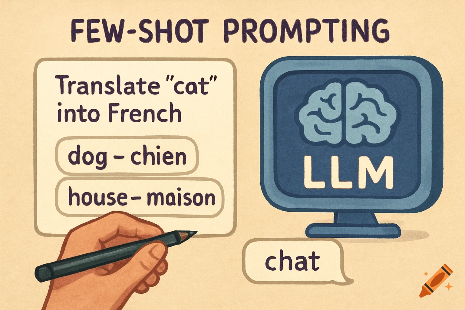Illustration shows a hand writing few-shot prompts, an LLM monitor, and an output bubble.