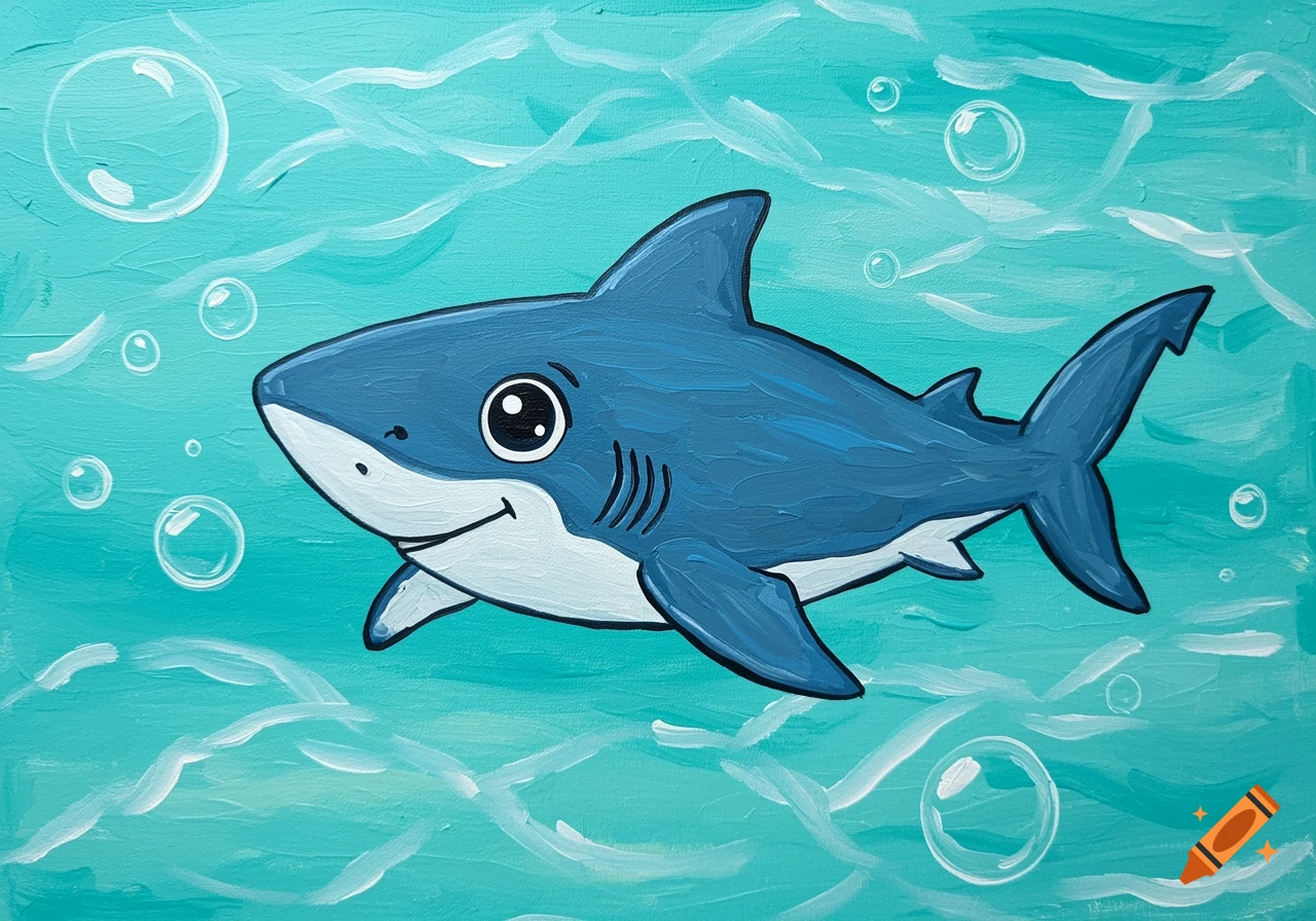 A cute blue and white cartoon shark swims in blue water with bubbles, acrylic painting style.