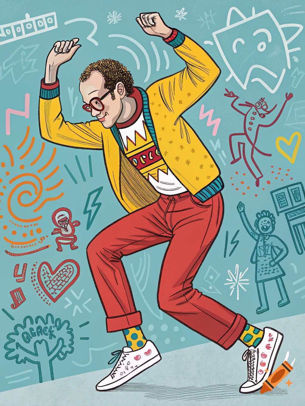 A man in a yellow jacket and red pants dances in a colorful Keith Haring style illustration with doodles.