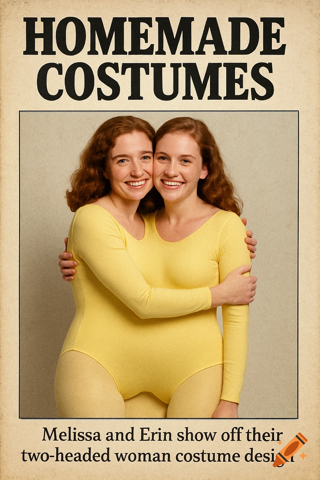 Two smiling women in a yellow leotard portray a two-headed woman costume in a vintage photo style.