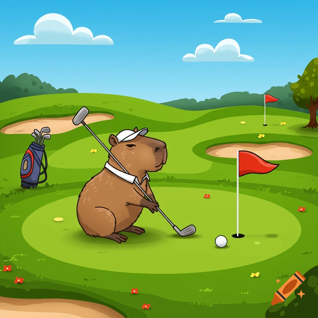 Cartoon capybara playing golf on a green.