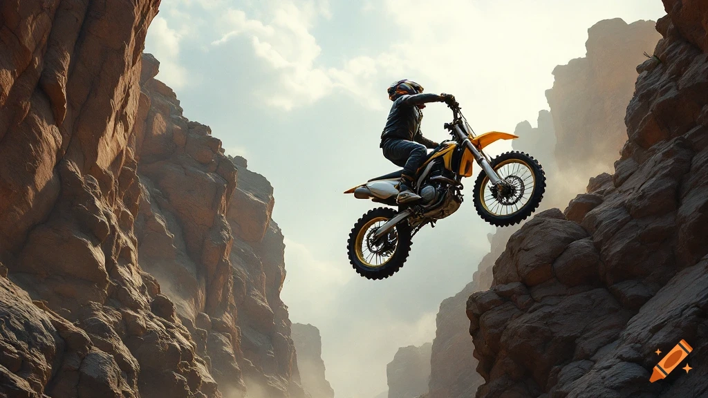 Person on a yellow dirt bike jumping between two rocky cliffs.