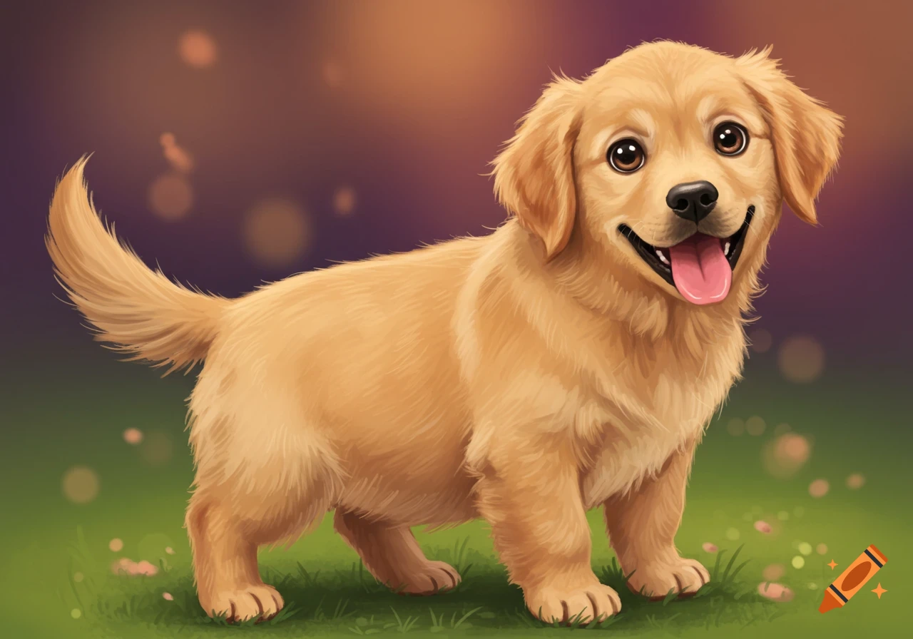 A cute cartoon golden retriever puppy smiling in a grassy field.