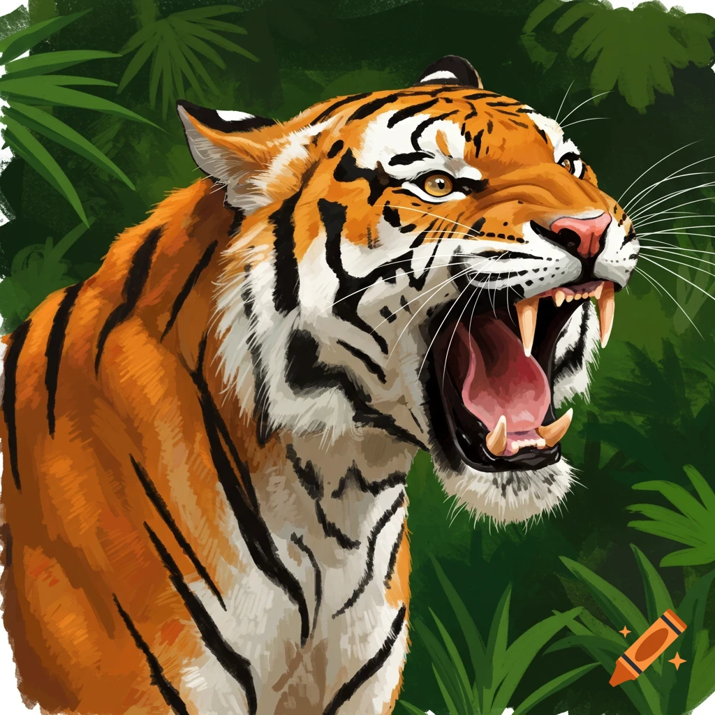 An illustration of a roaring tiger in a jungle.