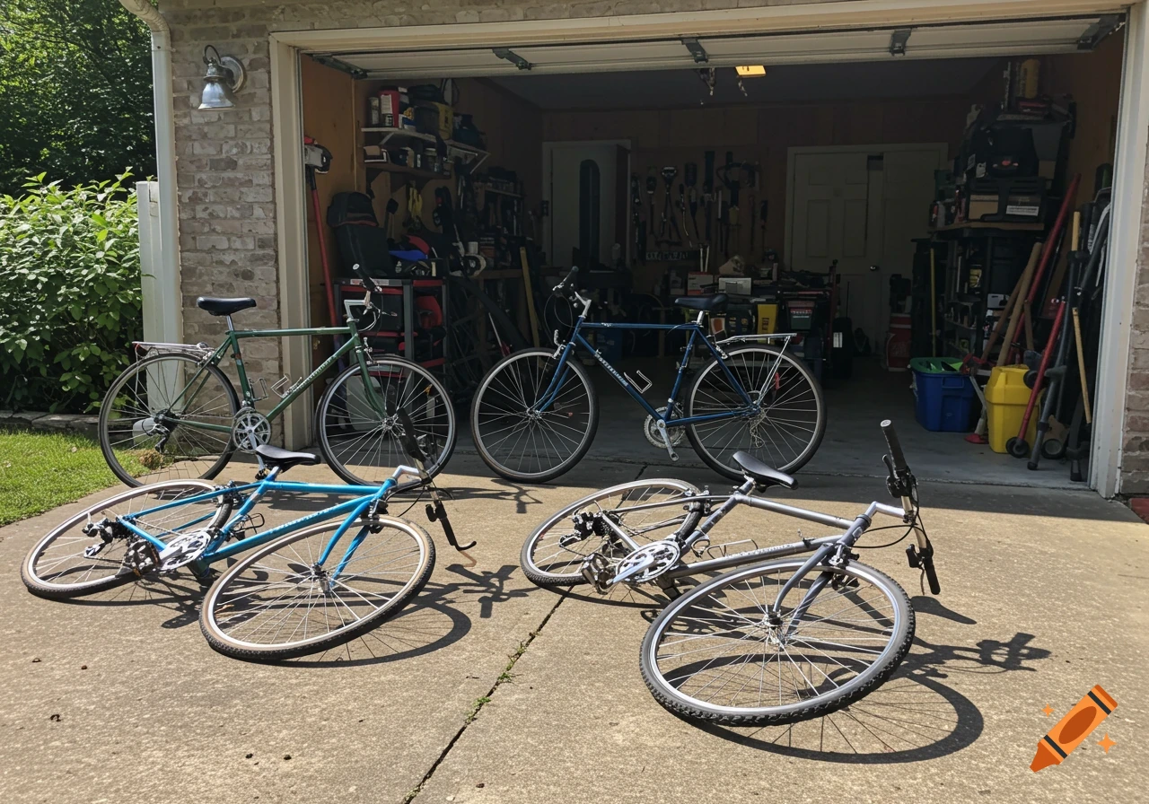 Several bicycles on a driveway in front of an open garage.