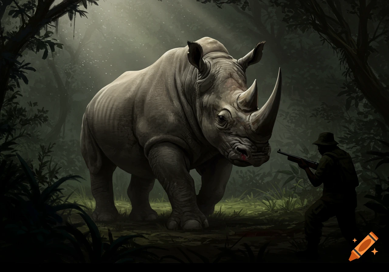 Large rhinoceros stands in a jungle as a person aims a rifle