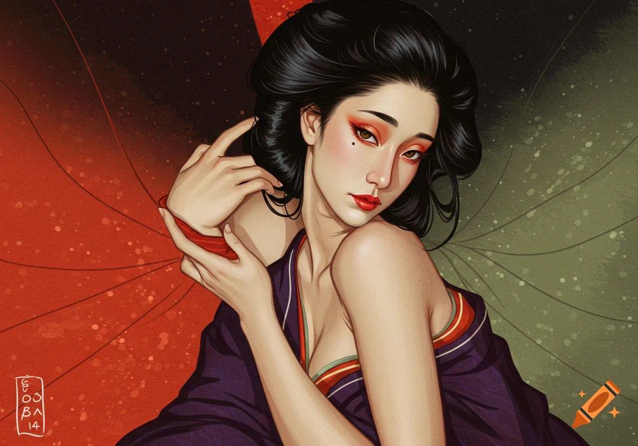 Illustration of a woman in Japanese clothing with dramatic makeup holding a red umbrella.