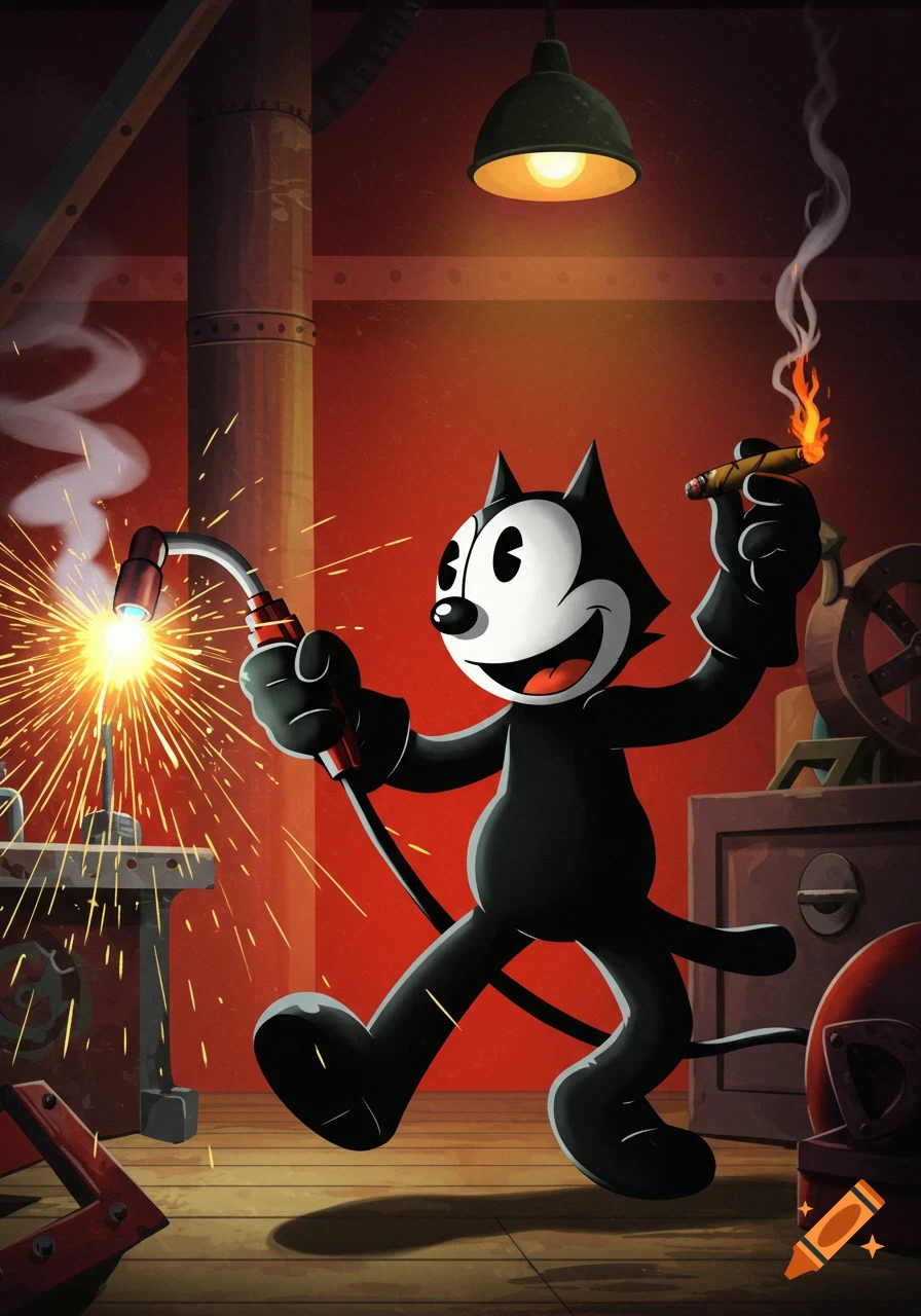 Felix the Cat cartoon welding and holding a lit cigar