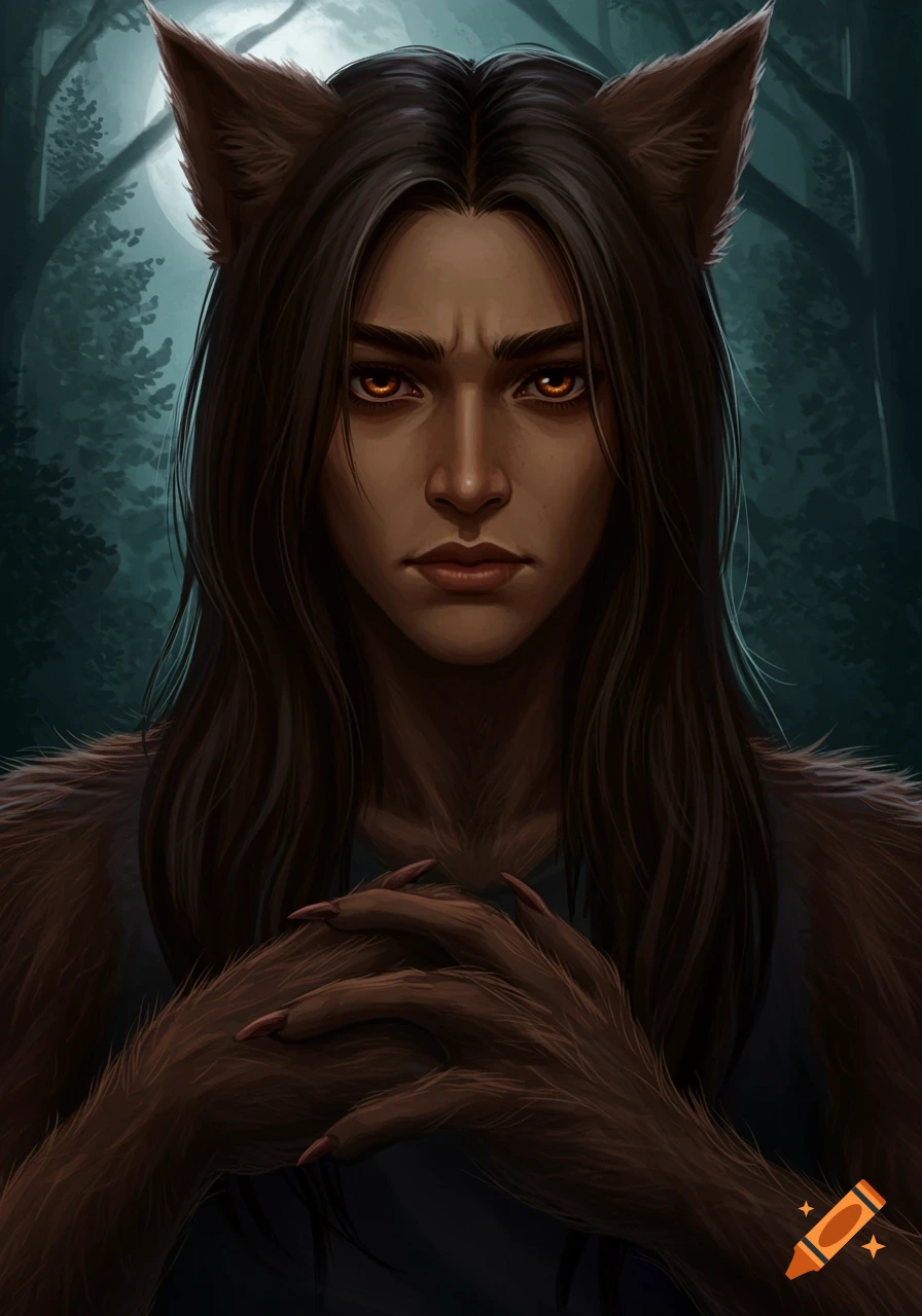 Digital painting portrait of a werewolf with glowing eyes and furry hands.