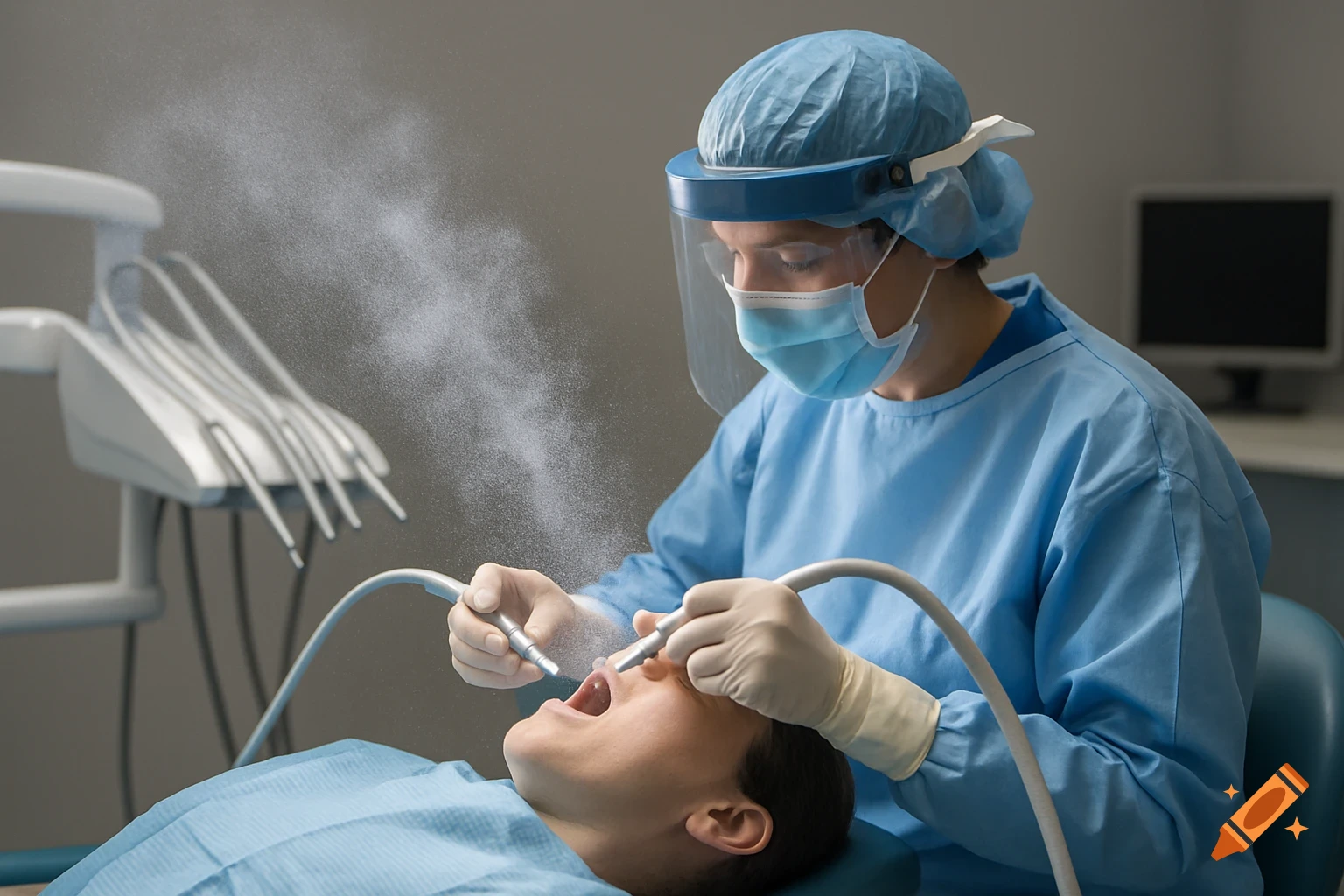 Dentist performs a procedure on a patient, creating airborne aerosols.