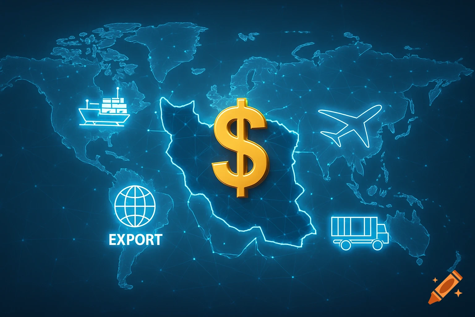 Digital world map with trade icons around Iran and a gold dollar sign.