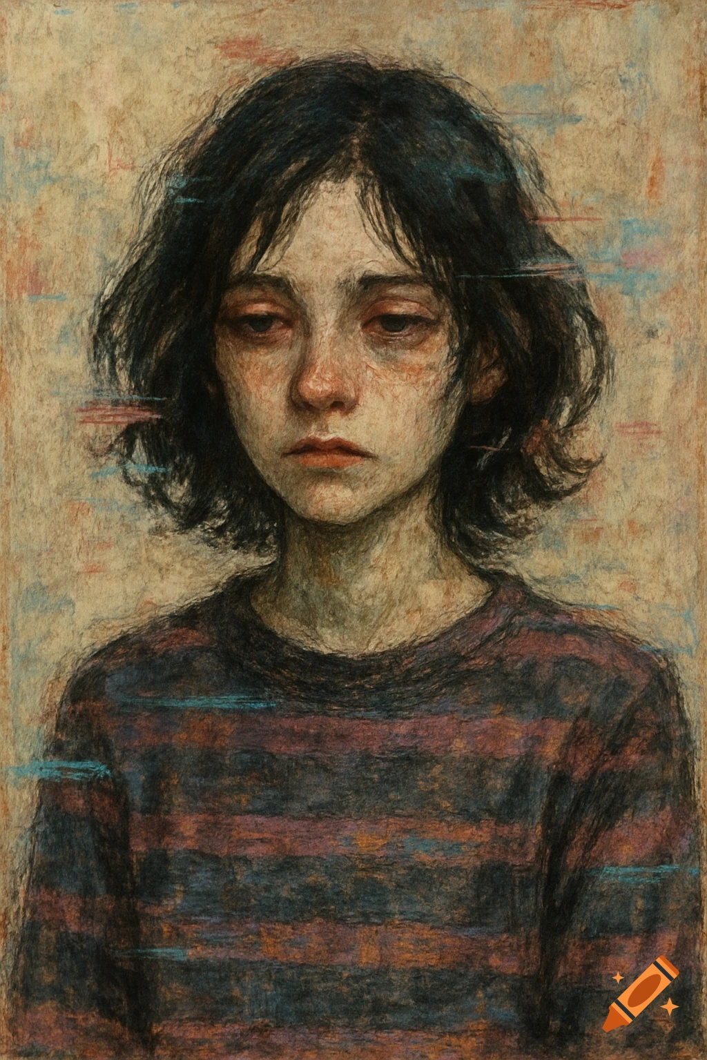 Artistic portrait of a person with dark hair and striped shirt, styled with rough texture and glitch effects.