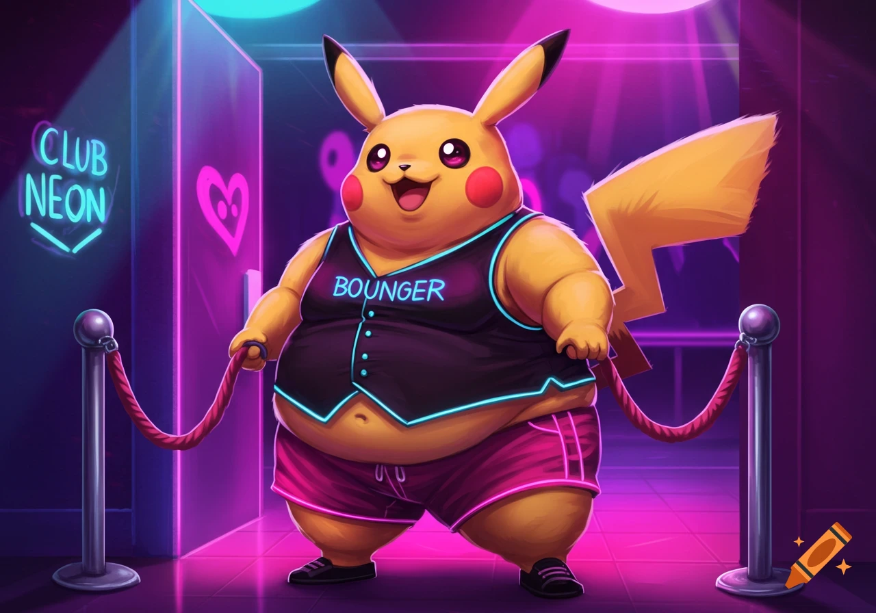 Illustration of an obese Pikachu dressed as a bouncer holding a red rope in front of a club with neon signs.