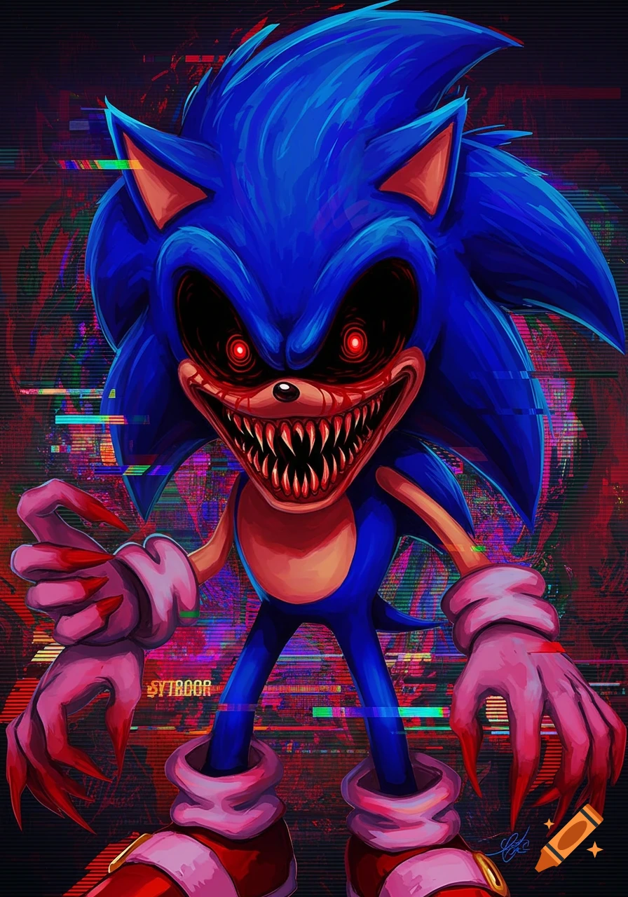 Horror depiction of Sonic the Hedgehog with sharp teeth, red eyes, and bloody claws on a glitchy background.