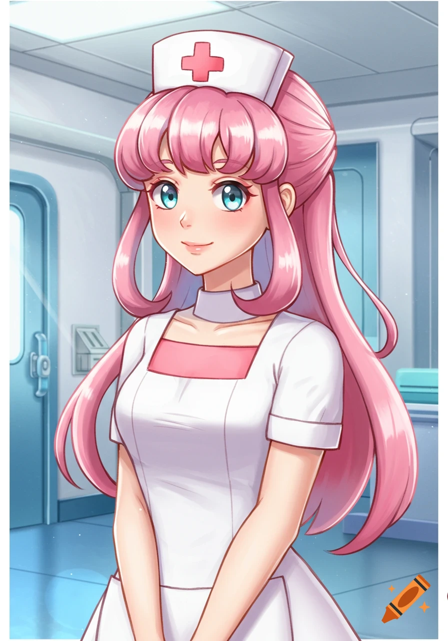 Anime character with pink hair in a nurse uniform with a red cross on the hat.